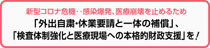 新型コロナ危機‥感染爆発、医療崩壊を止めるため「外出自粛・休業要請と一体の補償」、「検査体制強化と医療現場への本格的財政支援」を!